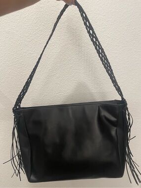 DESMO - Black Italian Leather Braided-Handle Shoulder Bag with Fringe Trim